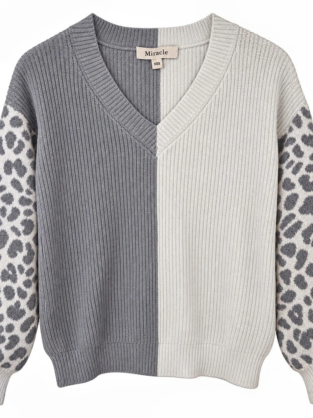 Miracle USA Colorblock Leopard Sleeve V-Neck Sweater XS/S